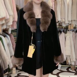 Luxurious Real Black mink and steal Brown Real Fur-Trimmed Women's Coat